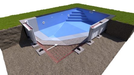 Schéma en 3D d'une piscine en béton avec escalier et coffrage avant remblaiement